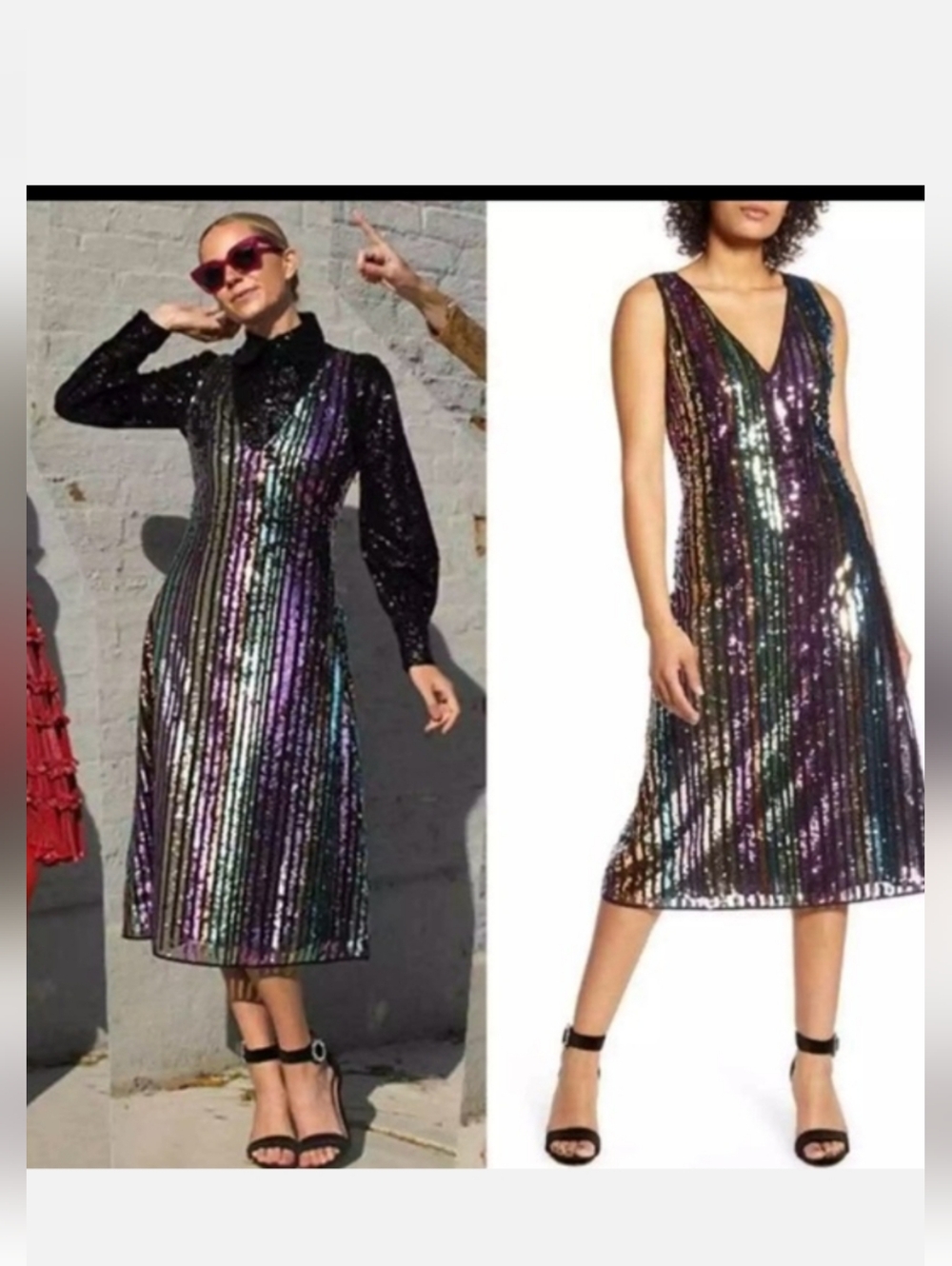 Halogen Rainbow Multicolor Striped Sequin V-Neck Midi Dress